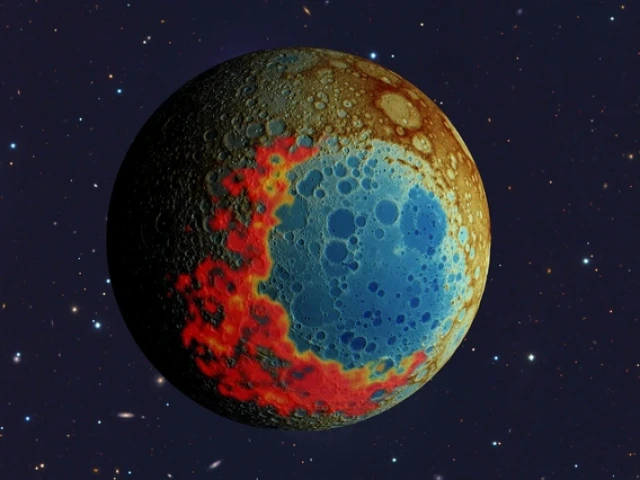 In this rendering, the lunar surface is represented by false colors. A blue circle indicates the low-lying South Pole-Aitken impact basin, surrounded by red and orange ejecta blankets to the south. 