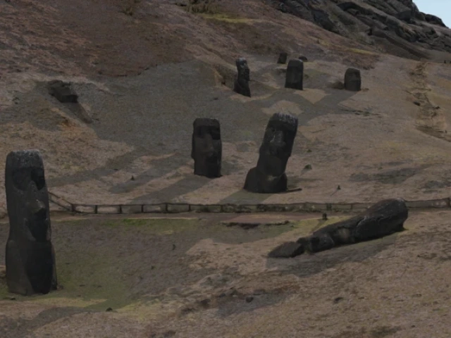 an animated scene from a digital 3D model of statues on Easter Island at sunrise