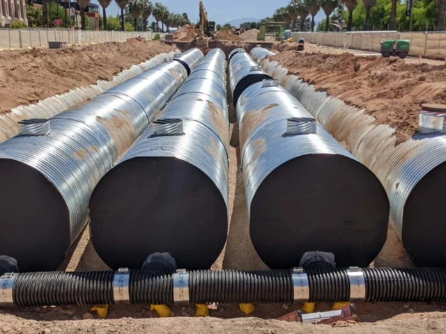 A group of metal pipes positioned on the arid desert ground, with distant mountains visible in the background.