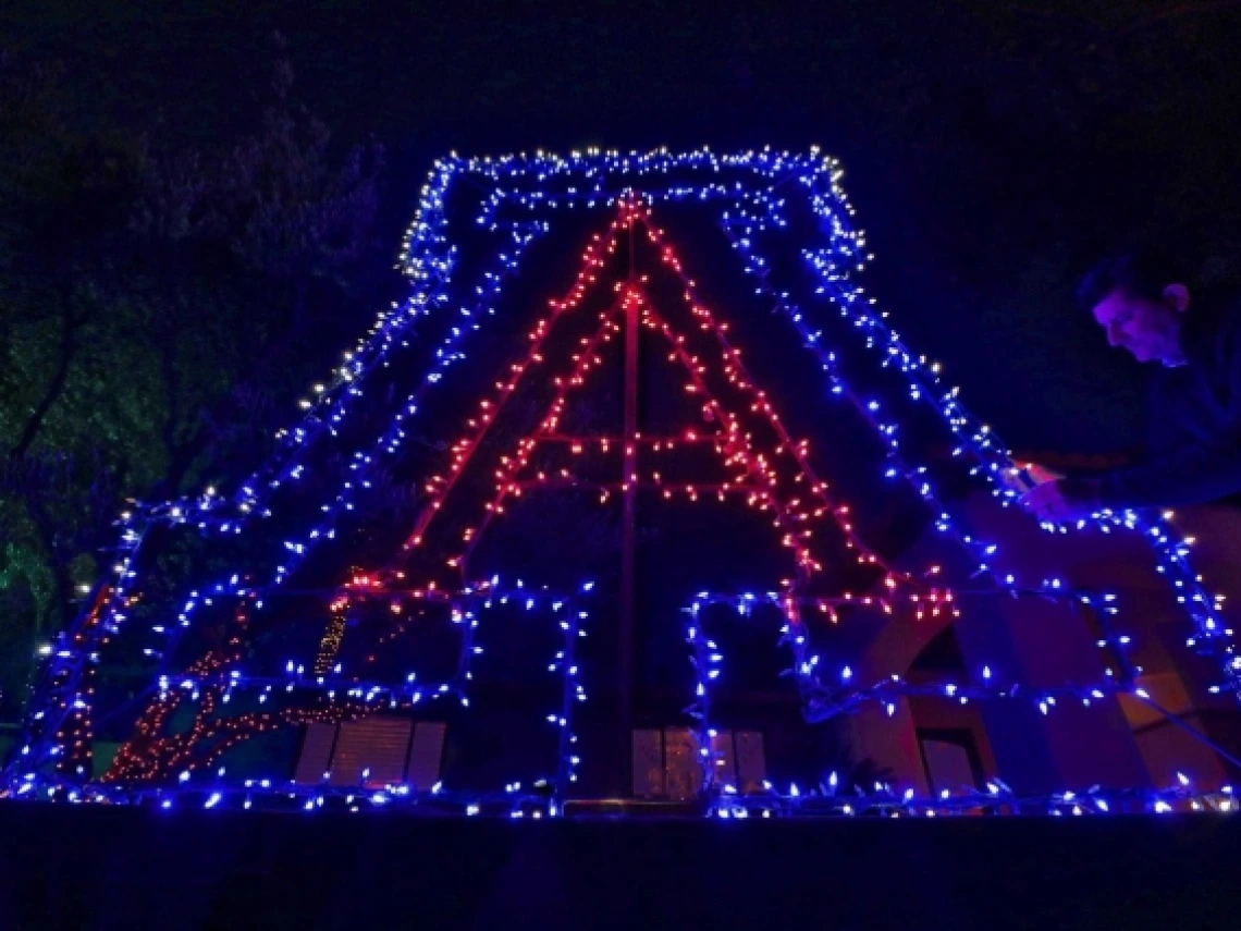 block A in red and blue lights