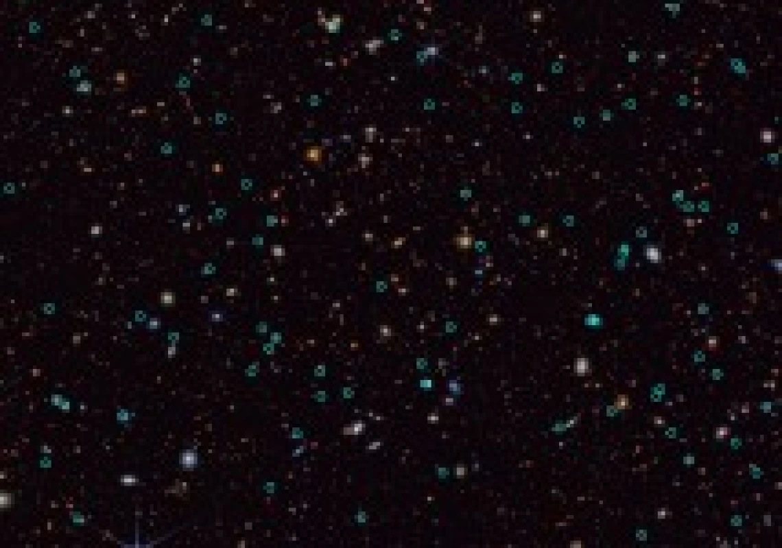 a field of galaxies and bright supernovas are circled in green